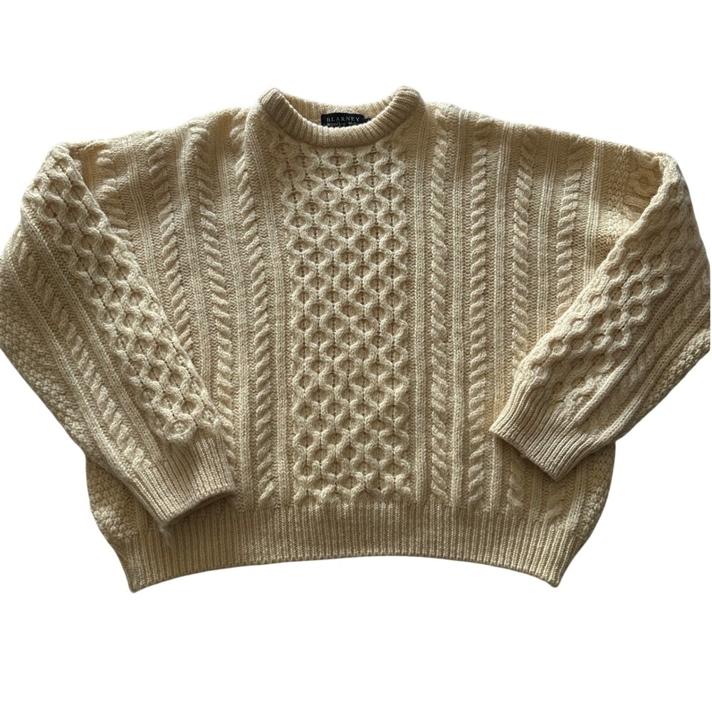 Blarney Woollen Mills Cream Irish Cable Knit Crewneck Sweater M